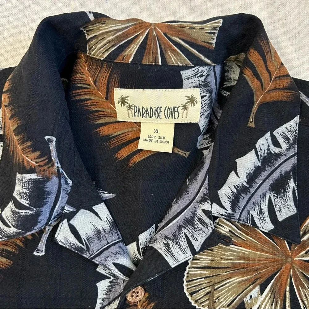 Vtg Paradise Coves Mens Blk Printed 100% Silk Button-Down Hawaiian Shirt Size XL